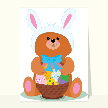 Carte de Pâques : Nounours déguisé en lapin de Pâques