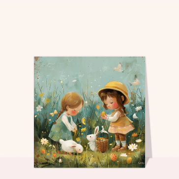 Petites filles dans la prairie cartes de pâques