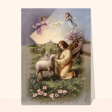Carte ancienne de Pâques : L'agneau Pascal sur une carte ancienne