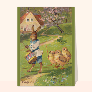 Carte ancienne de Pâques : Le lapin de pâques et ses poussins