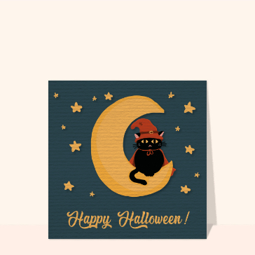 Carte Halloween pour enfant : Happy Halloween Chat sur une lune