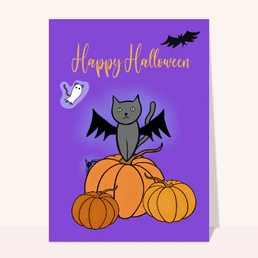 Carte Halloween pour enfant : Happy Halloween chat chauve-souris