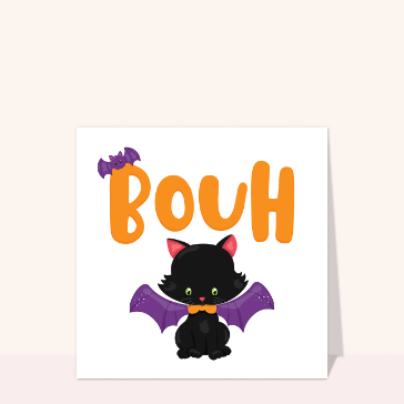 Carte Halloween pour enfant : Bouh le petit chat déguisé en chauve souris