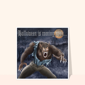 Carte joyeux halloween : Loup-garou menaçant sous la lune d'Halloween