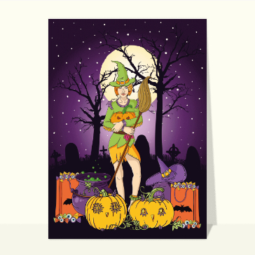 carte halloween : Madame avec ses citrouilles