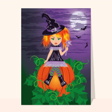 carte halloween : Petite sorcière sur une citrouille