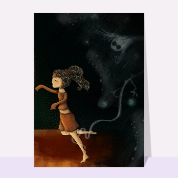 carte halloween : Petite fille et fantomes