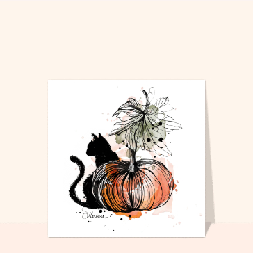 carte halloween : Un chat noir et une citrouille