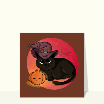 carte halloween : Chat noir et sa citrouille