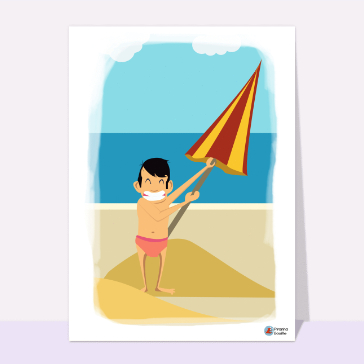 Carte postale de Juillet et d'été : On dégaine la parasol sur la plage