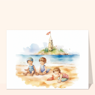 Carte postale de Juillet et d'été : Les enfants sur la plage à l`aquarelle