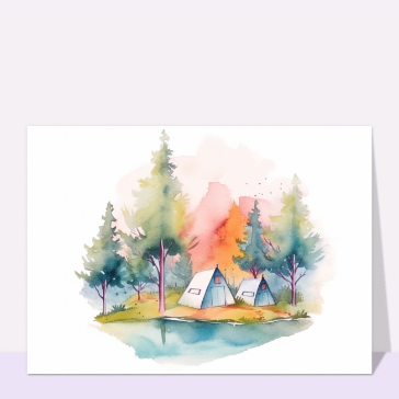 Autres cartes... : Camping au bord d`un lac à l`aquarelle
