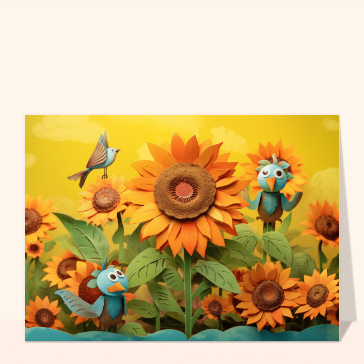 Carte postale de Juillet et d'été : Des tournesols et des oiseaux