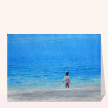 Carte postale de Juillet et d'été : Petite fille debout devant la grande bleue