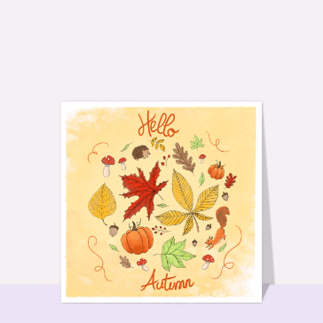 Carte postale octobre : Automne coloré avec écureuil et citrouilles