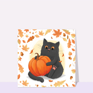 Carte d'octobre : Petit chat et sa citrouille d`automne