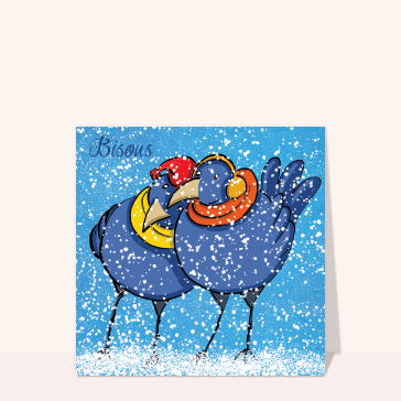 Carte de Février et d'hiver : Bisous petits oiseaux sous la neige