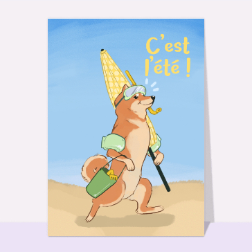 Carte postale d'août et vacances : Un chien shiba inu à la plage