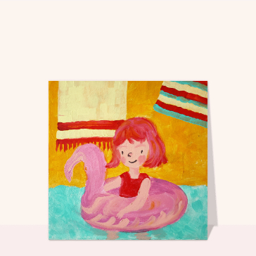 Carte postale d'août et vacances : Petite fille dans sa bouée flament rose