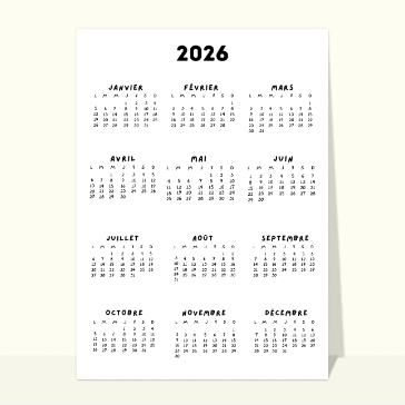 Carte calendrier 2026 calendrier 2026 sobre avec design épuré