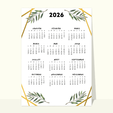Carte calendrier : Calendrier 2026 élégant avec feuillage doré