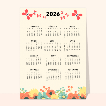 Carte calendrier : Calendrier 2026 aux papillons colorés