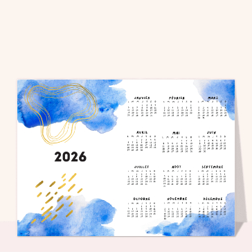 Carte calendrier : Calendrier 2026 aquarelle bleue élégante