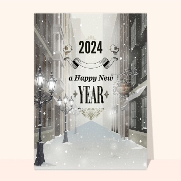 Carte bonne année 2024 en plusieurs langues : Happy New Year dans une rue de Londres