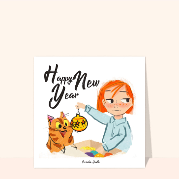 Carte bonne année 2024 en plusieurs langues : Happy new year avec un petit chat