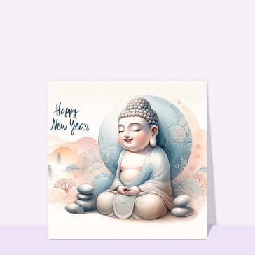 Carte bonne année 2024 en plusieurs langues : Happy New Year Bouddha