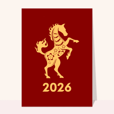 Carte de voeux pour nouvel an chinois : Cheval flamboyant pour une ann&eacute;e 2026 r&eacute;ussie