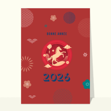 Carte de voeux chinoise 2026 : Cheval de feu pour une ann&eacute;e 2026 &eacute;panouie