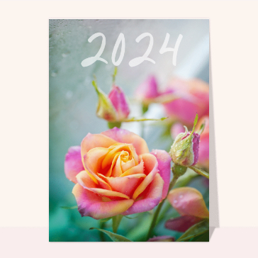 carte de voeux 2024 avec des fleurs : Nouvelle année 2024 sur de la buée