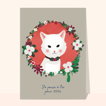 carte de voeux 2024 avec des fleurs : Je pense à toi petit chat blanc