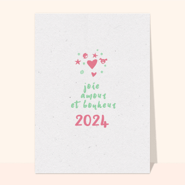 carte de voeux 2024 et message de paix : Joie amour bonheur et petits coeurs