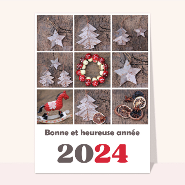 carte de voeux 2024  : Bonne et heureuse année 2024 décorations en bois