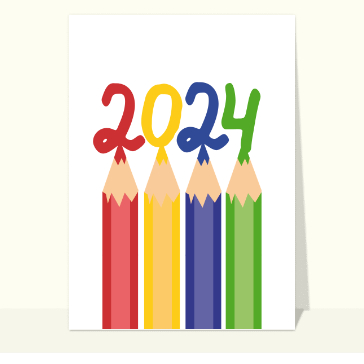 carte de voeux 2024 enfant et mignonne : Nouvelle année 2024 au crayon de couleur