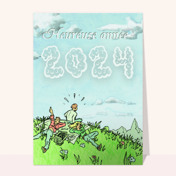 carte de voeux 2024 enfant et mignonne : Nouvelle année 2024 écrit dans les nuages