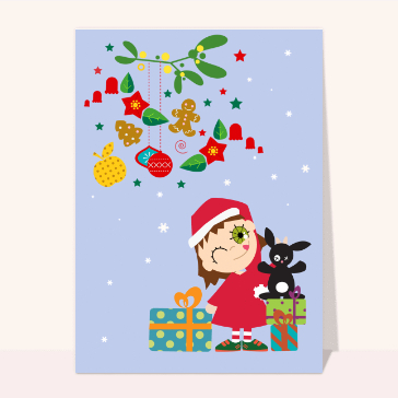 Carte de Noël enfant : La petite fille et ses cadeaux de Noël
