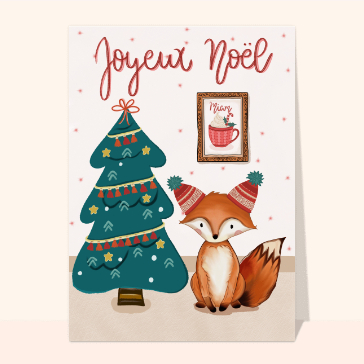 Carte de Noël enfant : Petit renard et ses bonnets de Noël