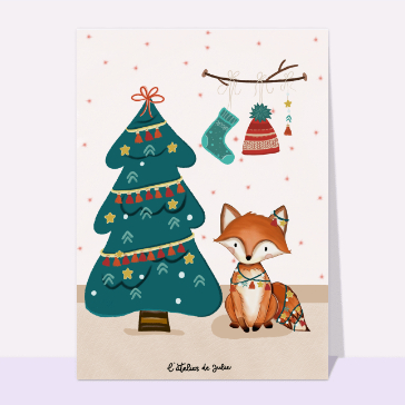 carte de noel : Petit renard au pied du sapin de Noël