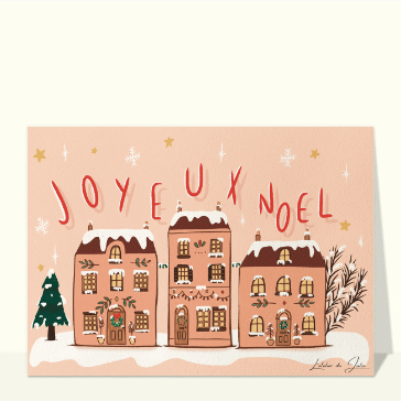 carte de noel : Joyeux Noël trois maisons sous la neige
