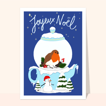 carte de noel : Joyeux Noël rouge gorge et boule à neige