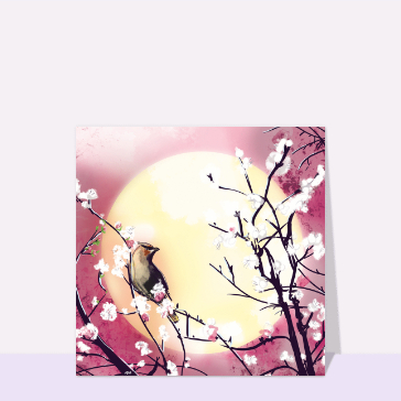 Oiseau en fleur sous la lune rose