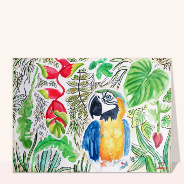 Carte avec un oiseau : Perroquet dans sa jungle luxuriante