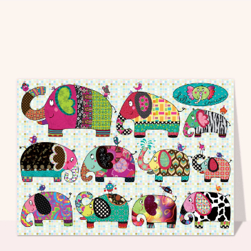 carte d'animaux : Bande d`éléphants multicolores