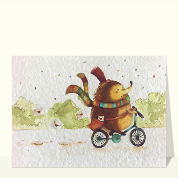 carte d'animaux : Petit hérisson sur son vélo