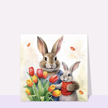 Maman lapin et bouquet de fleurs Cartes fête des mères avec des animaux