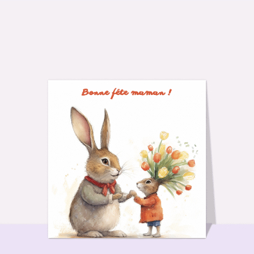 Petit lapin coiffé de fleurs Cartes fête des mères avec des animaux