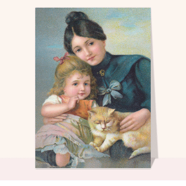 Une fillette, son chat et sa maman cartes anciennes fête des mères